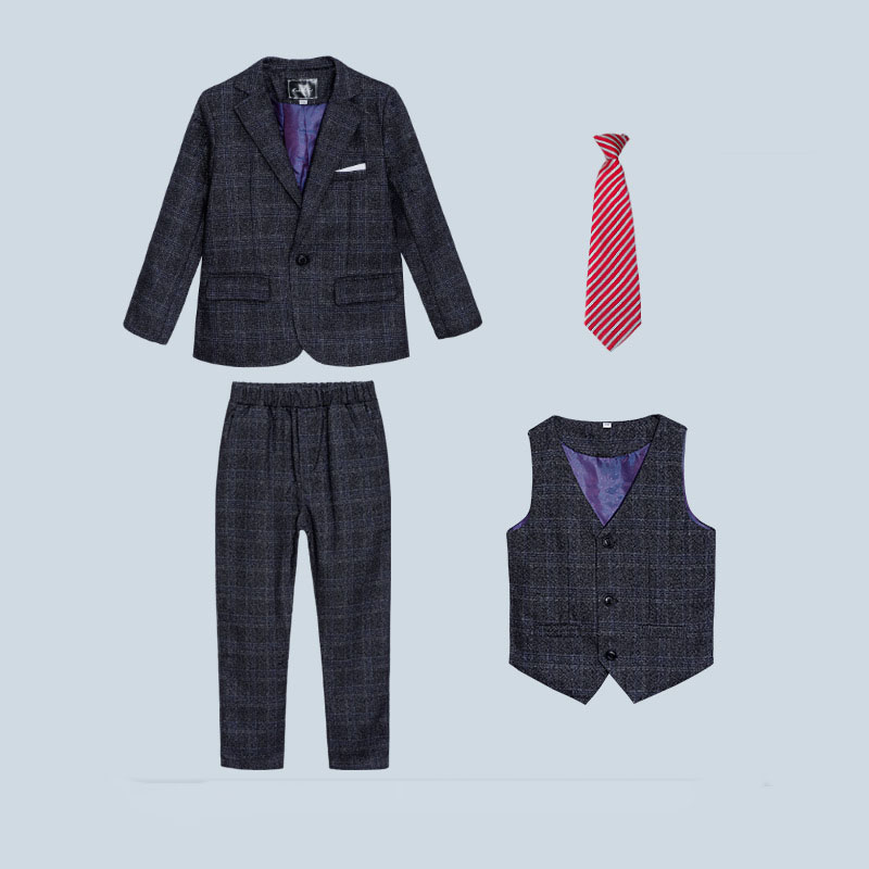 Gray plaid 4-piece set (with tie)