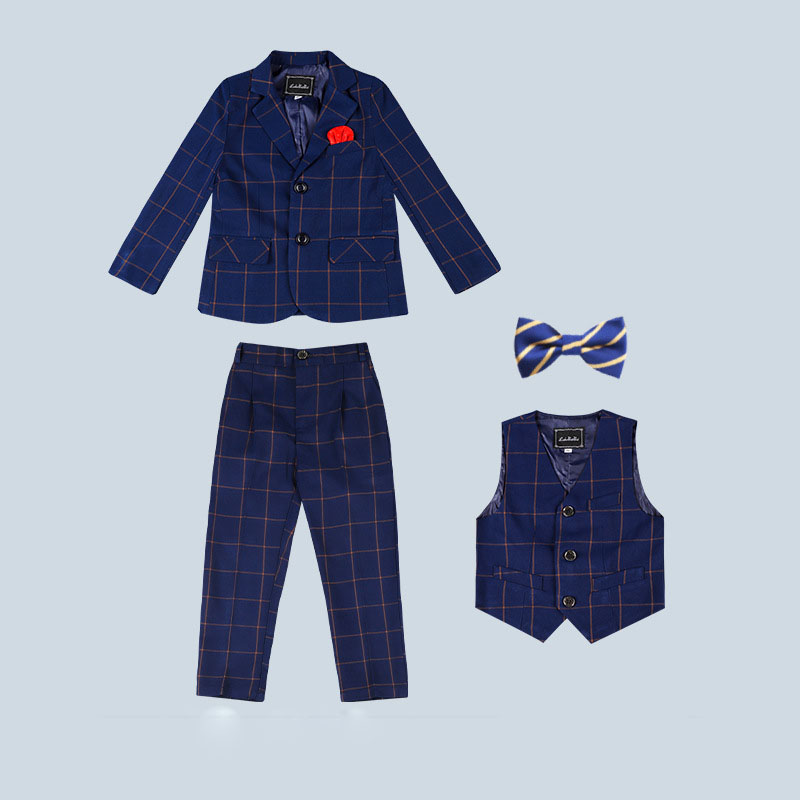 Navy blue plaid 4-piece set (including vest and bow tie)