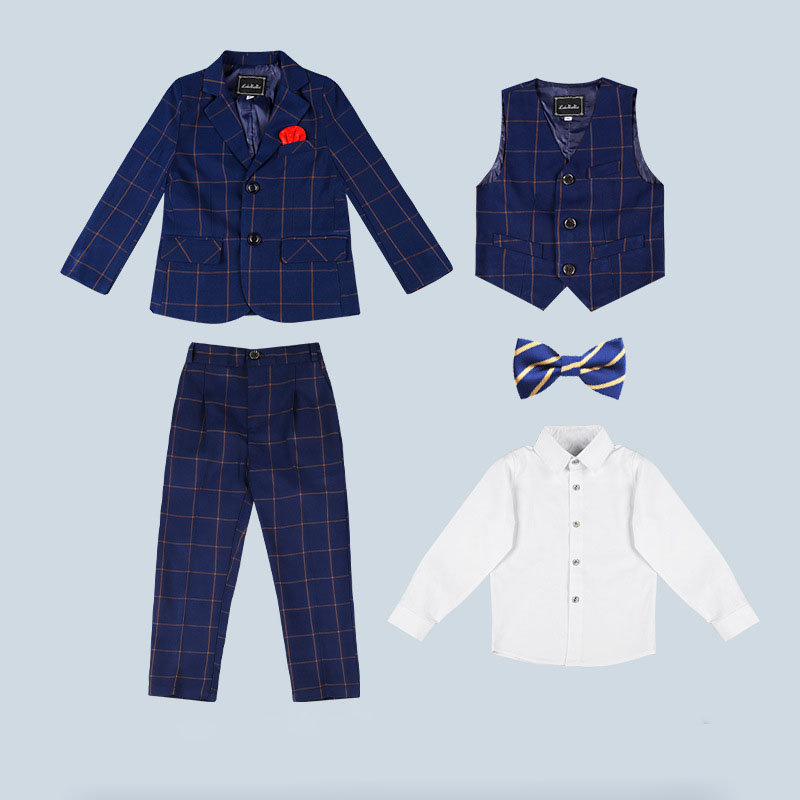 Navy plaid 5-piece set (with waistcoat shirt, bow tie)