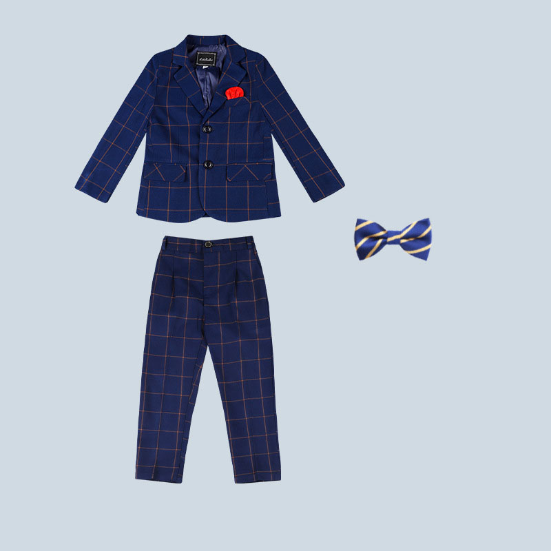 Navy plaid 3-piece set with bow tie