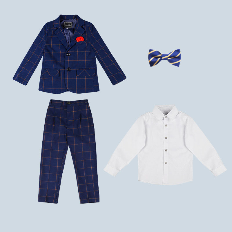 Navy plaid 4-piece set with bow tie