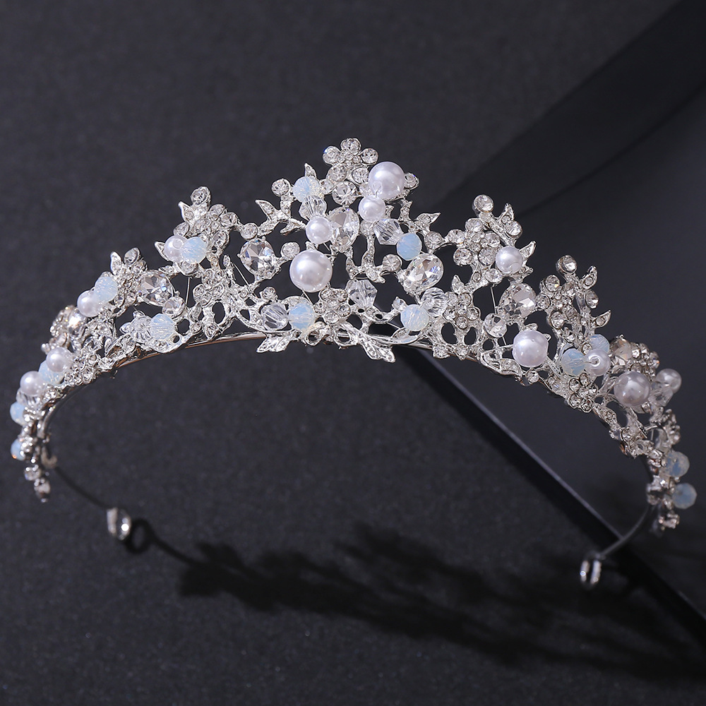 Handmade white diamond beaded headband on silver b