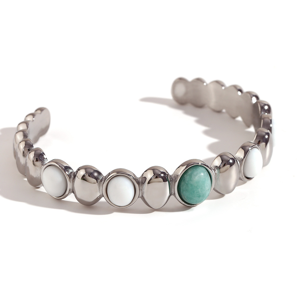 Oval Tianhe Stone white jade open bracelet - steel