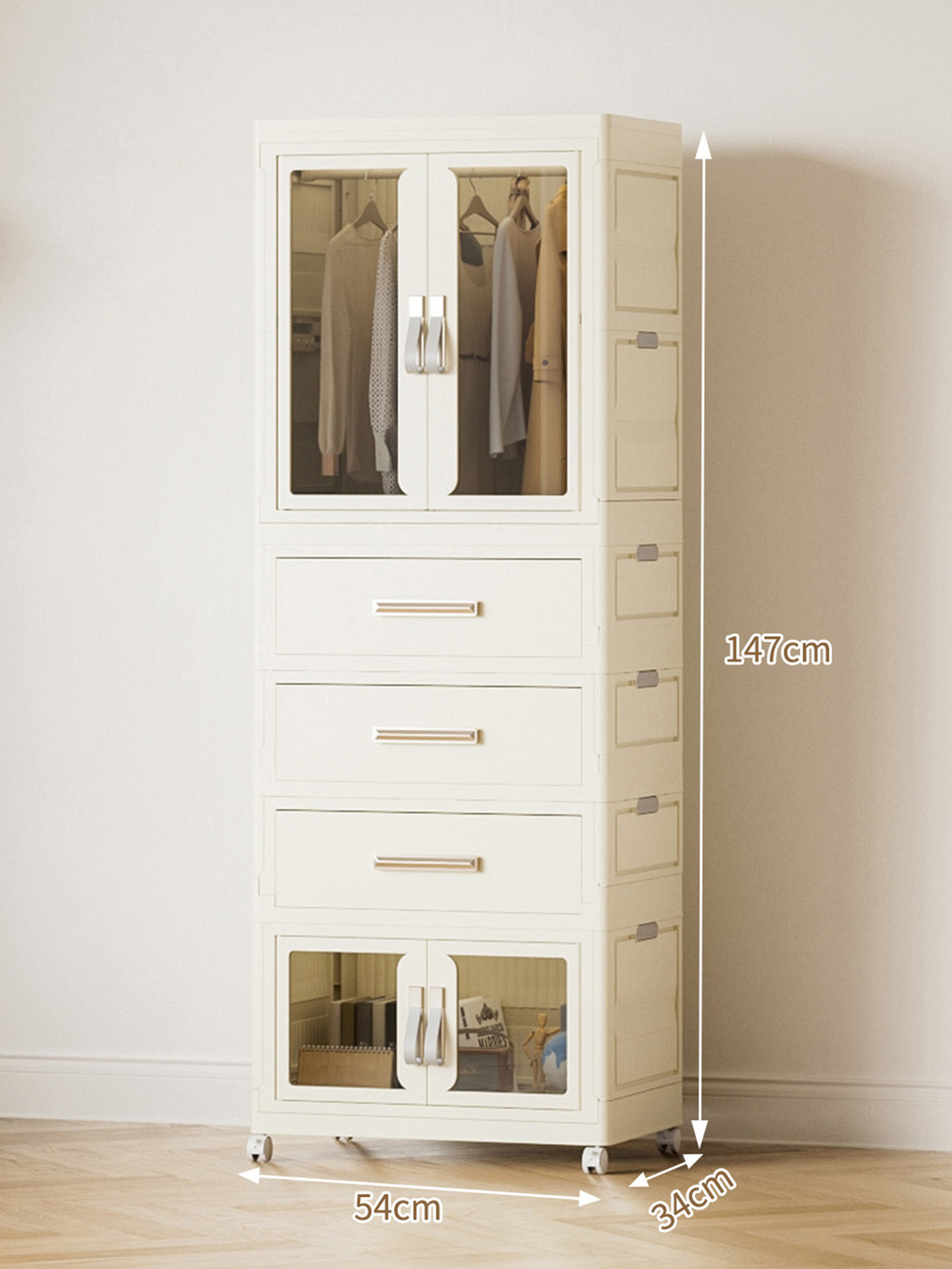 One large wardrobe   one folding cabinet   three drawers