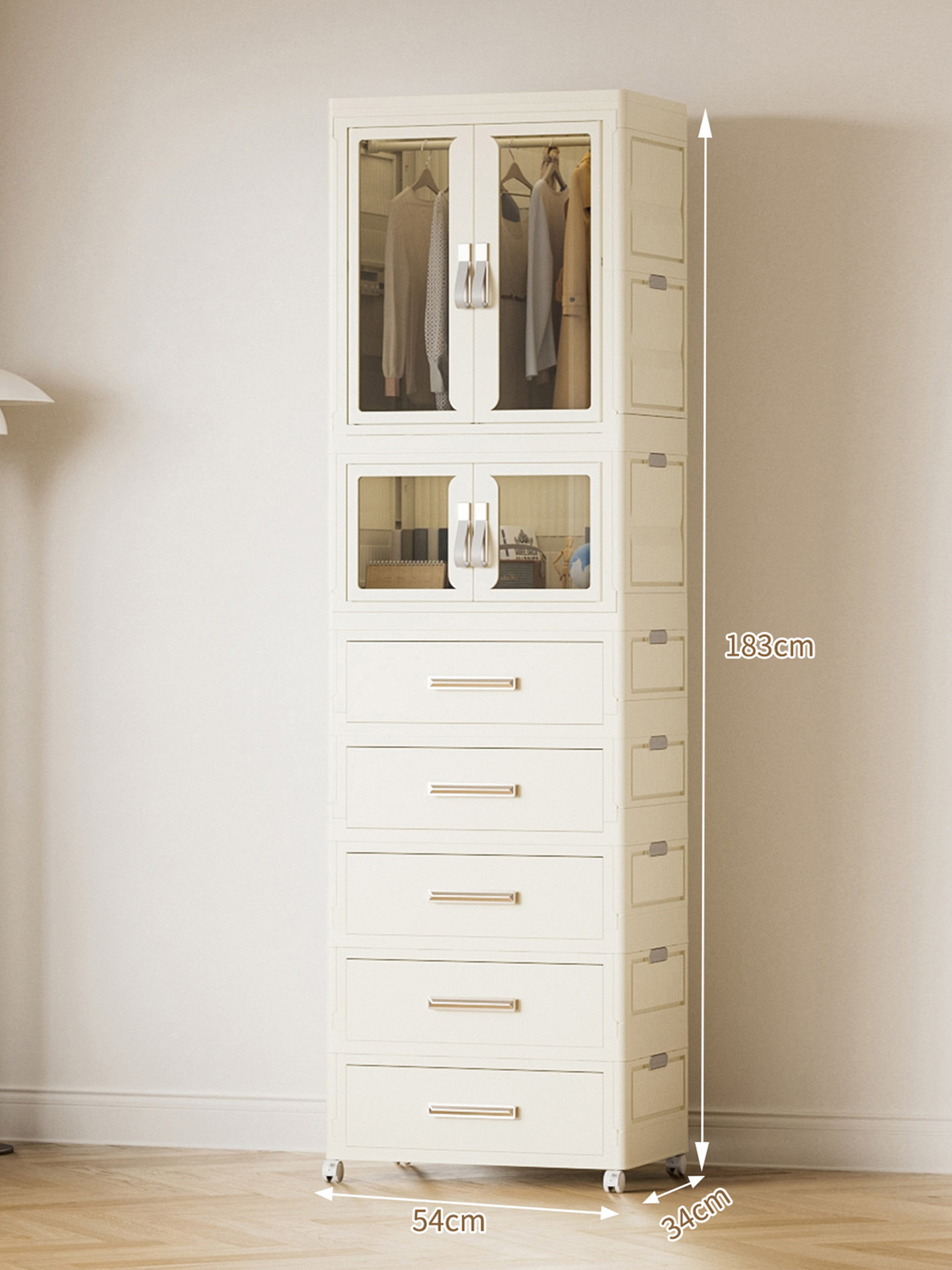 One large wardrobe   one folding cabinet   five drawers