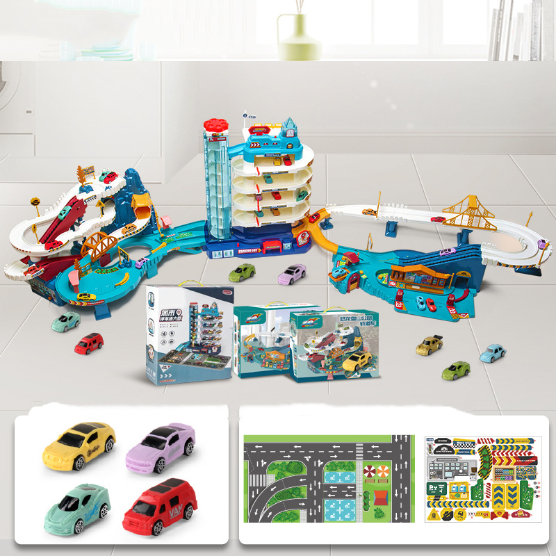 [Gift box]Dinosaur Panshan Road   4-story car building   Urban expressway (including 14 cars   beautiful stickers   map)