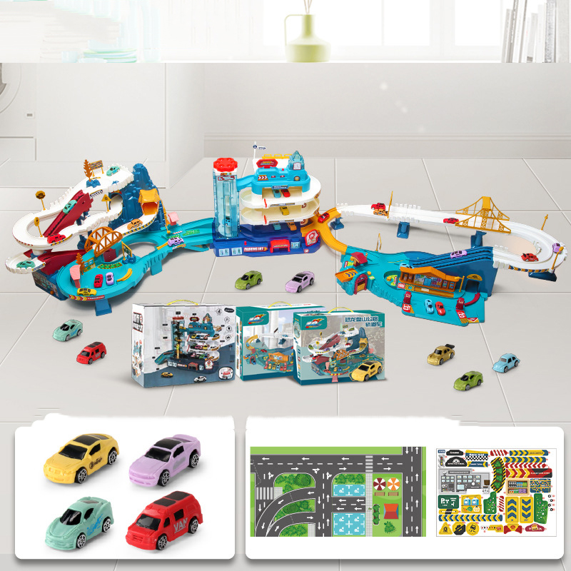 [Gift box]Dinosaur Panshan Road   6-story car building   Urban expressway (including 16 cars   beautiful stickers   map)