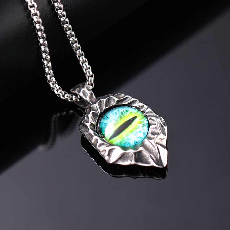 Steel green eye pendant with pearl chain