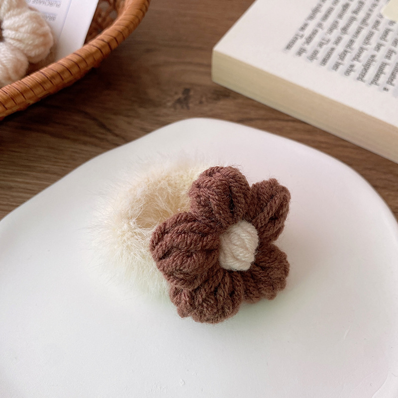 Coffee-colored floral plush scrunchie