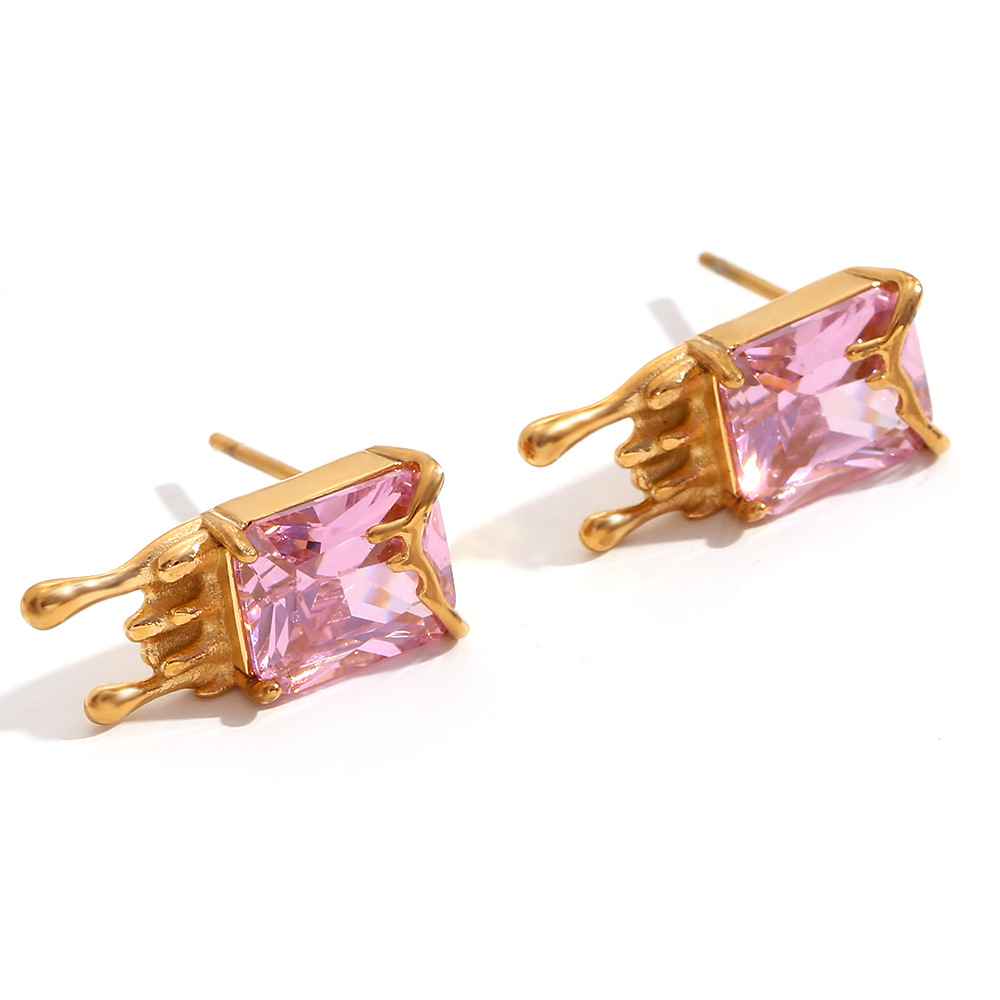 Volcanic lava square zircon earrings - Gold - pink