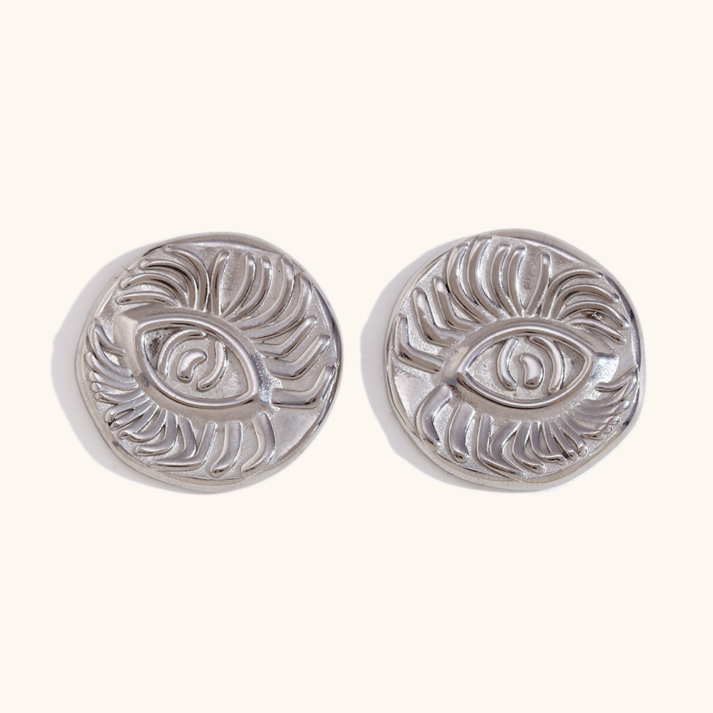 Long eyelashes eye disc earrings - steel color