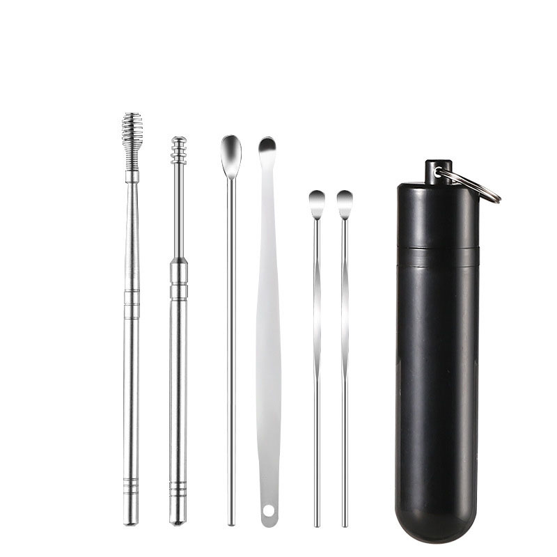 Black Glue Cylinder - Ear Spoon 6-Piece Set - Silver