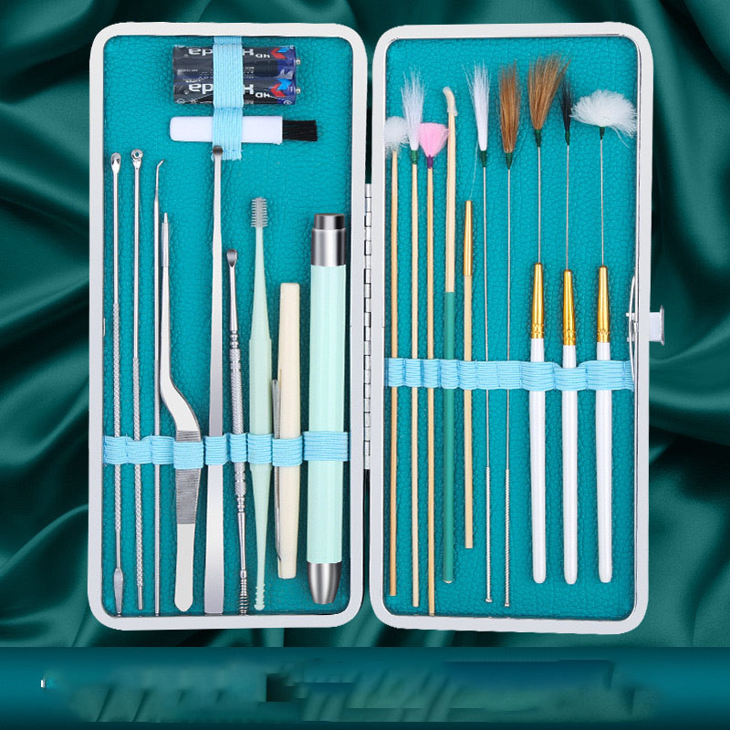 21-piece ear-picking set - dark green leather bag