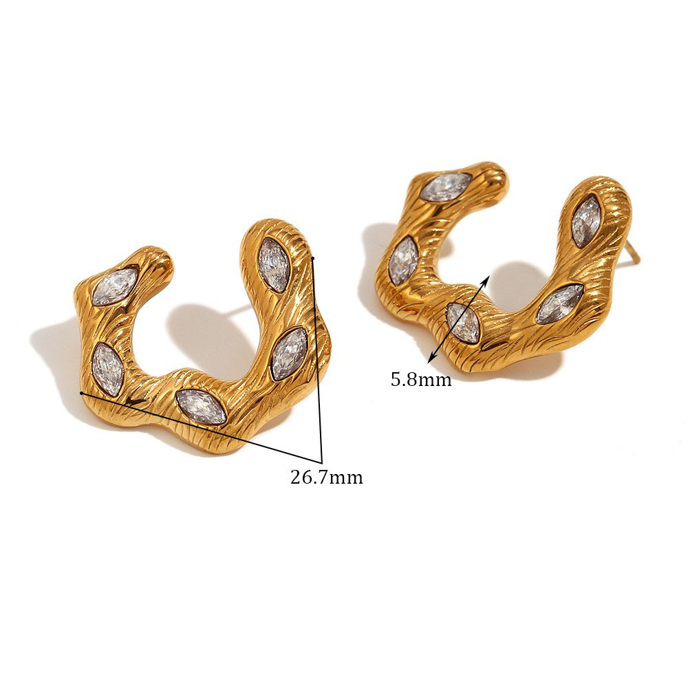 Horse's Eye Zircon irregular opening Wave earrings