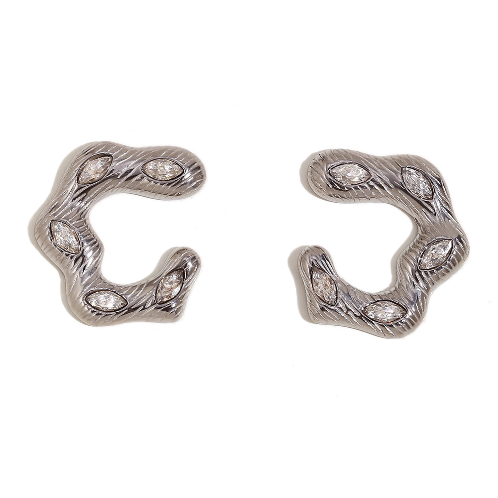 15:Horse's Eye Zircon irregular opening Wave earrings - steel color