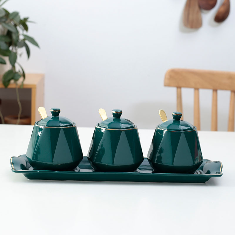 Diamond-shaped dark green seasoning pot - three cans, three spoons, one dish