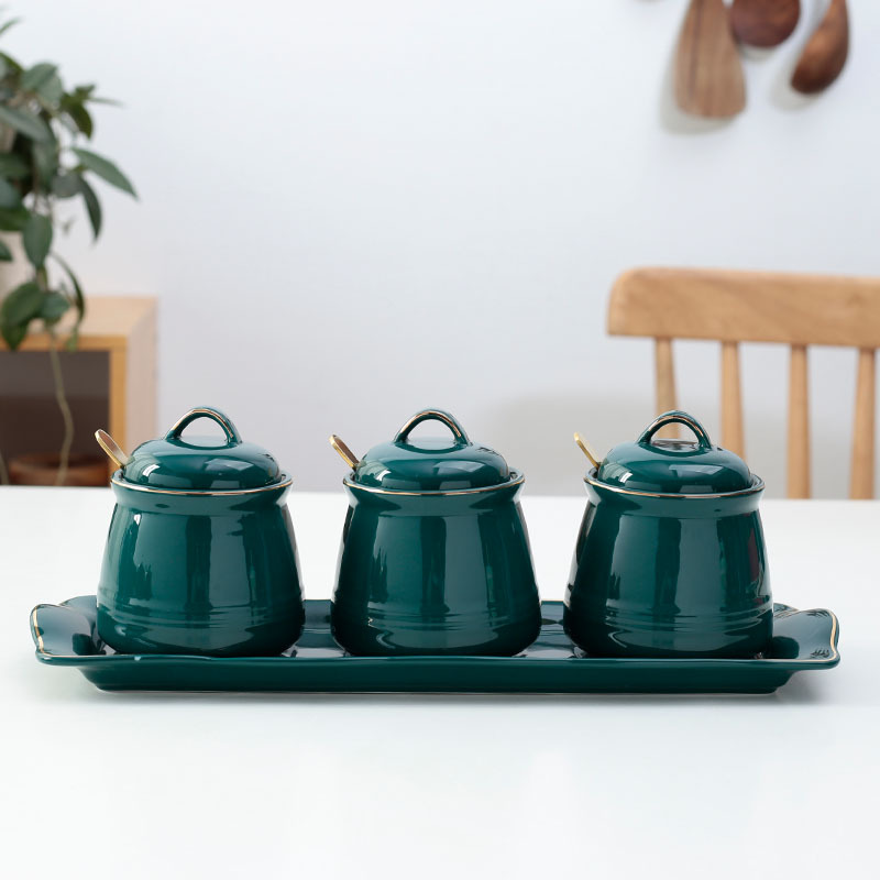 Drum shaped dark green seasoning pot - three POTS three spoons a dish