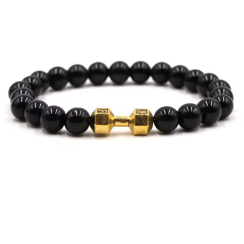 Bright black frosted stone + gold dumbbell