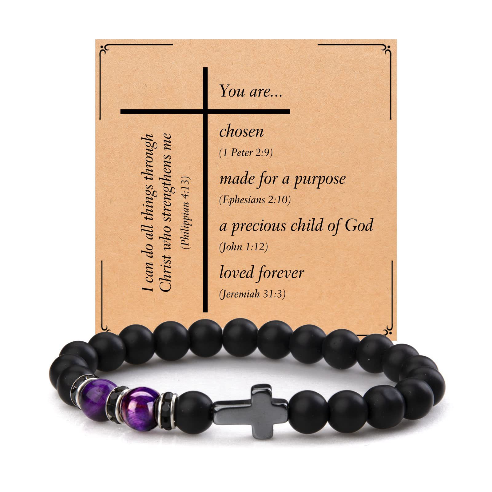 3:Purple Tiger Eye Frosted stone Black diamond circle Cross bracelet  You are chosen card