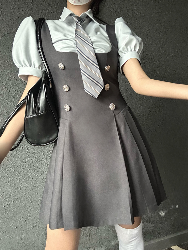 Short sleeve shirt   grey suspenders skirt   grey tie   leather name tie