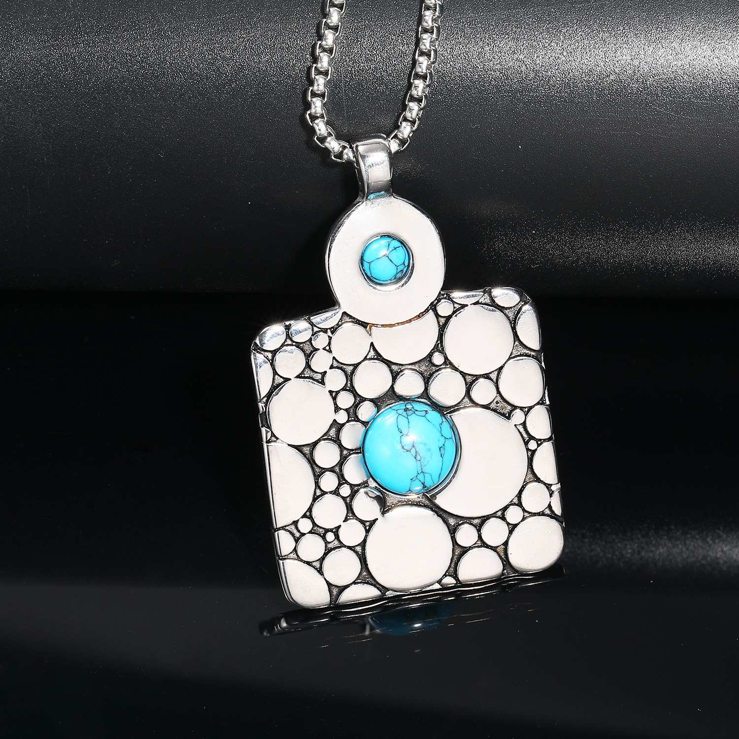 Steel blue turquoise pendant + steel 60CM square p