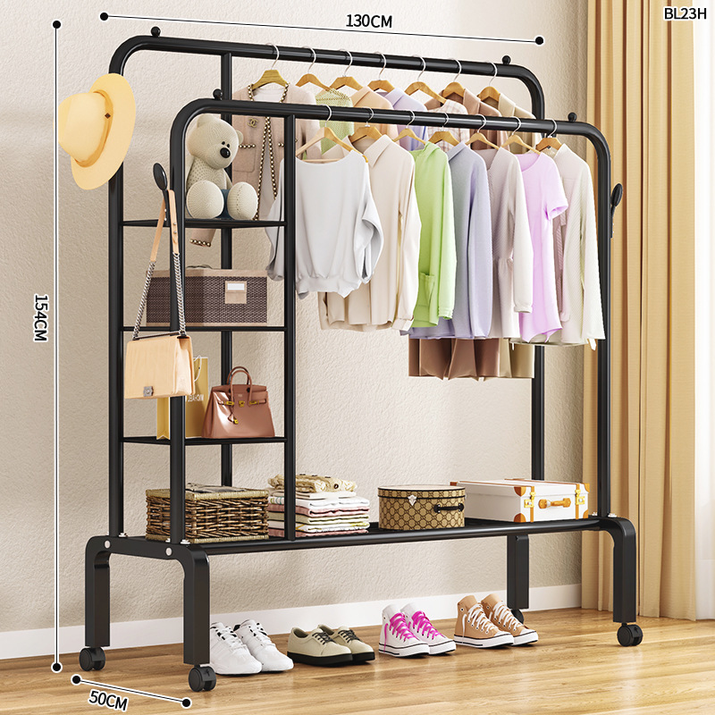 130cm black double pole single coat rack   storage rack   four hooks   universal wheel