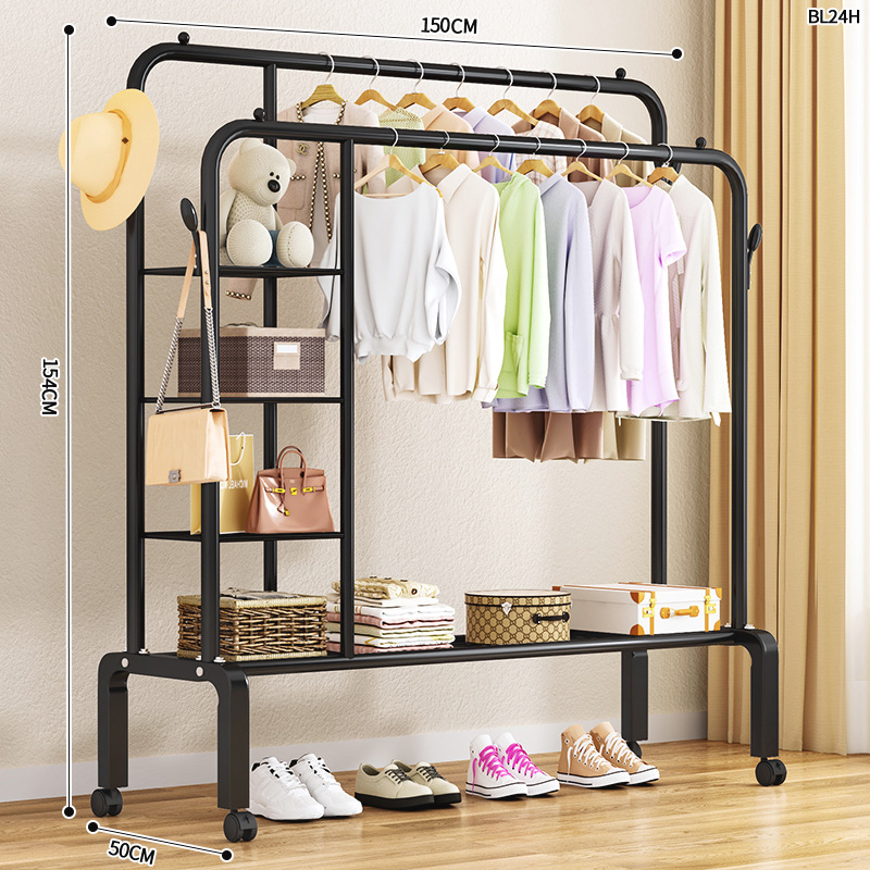 Black 150cm double pole single coat rack   storage rack   four hooks   universal wheel