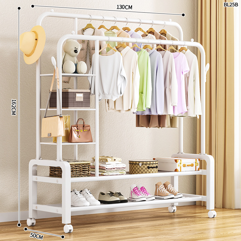 White 130cm double pole double layer coat rack   storage rack   four hooks   universal wheel