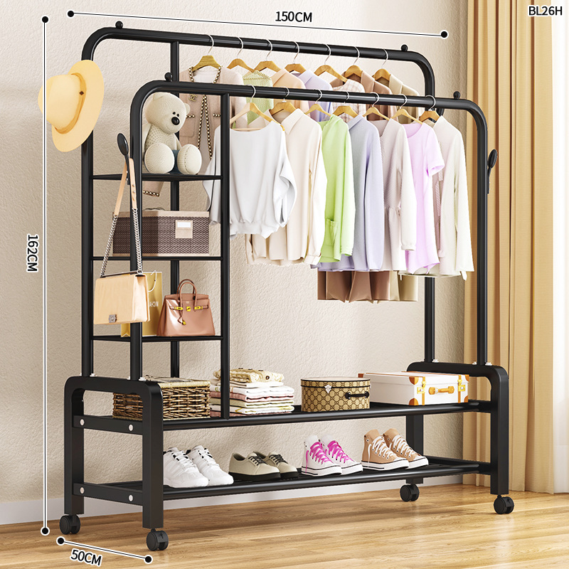 Black 150cm double pole double-layer coat rack   storage rack   four hooks   universal wheel