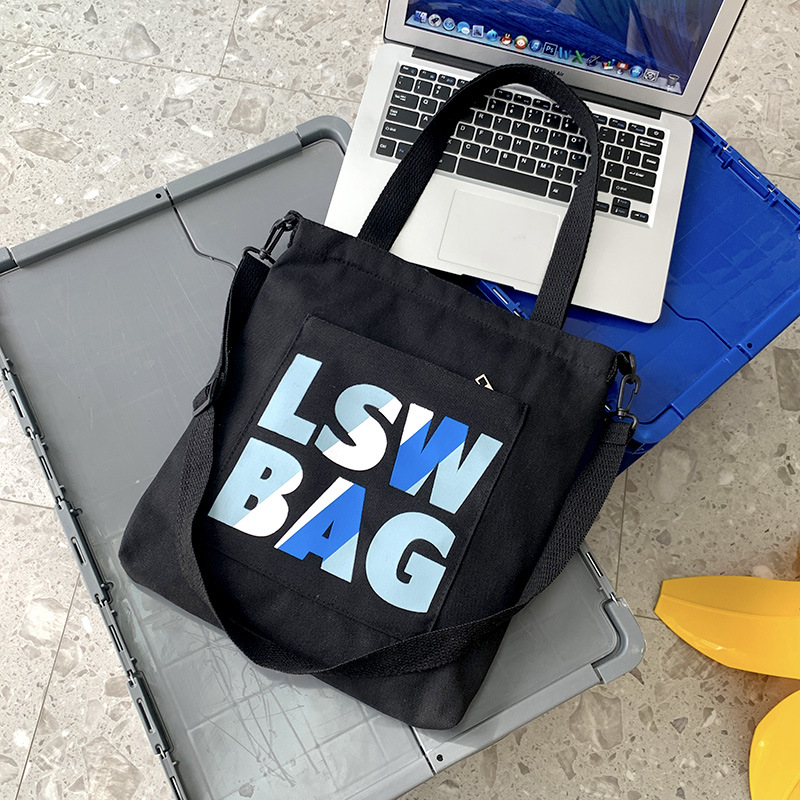 Black bag with blue lettering