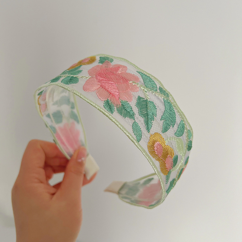 6:Green and pink embroidery wide edge headband