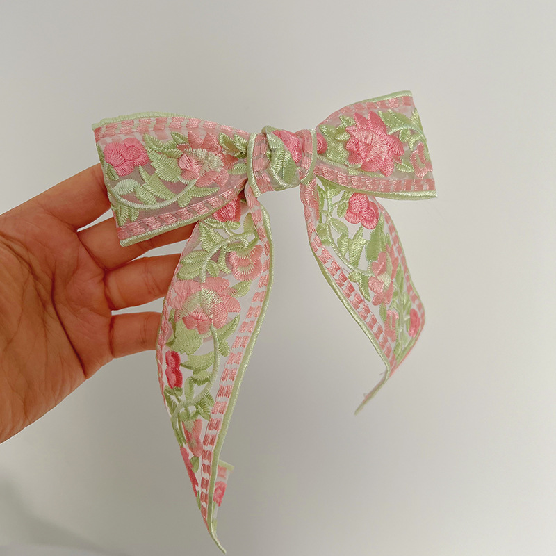 12:Pink embroidered bow hair clip