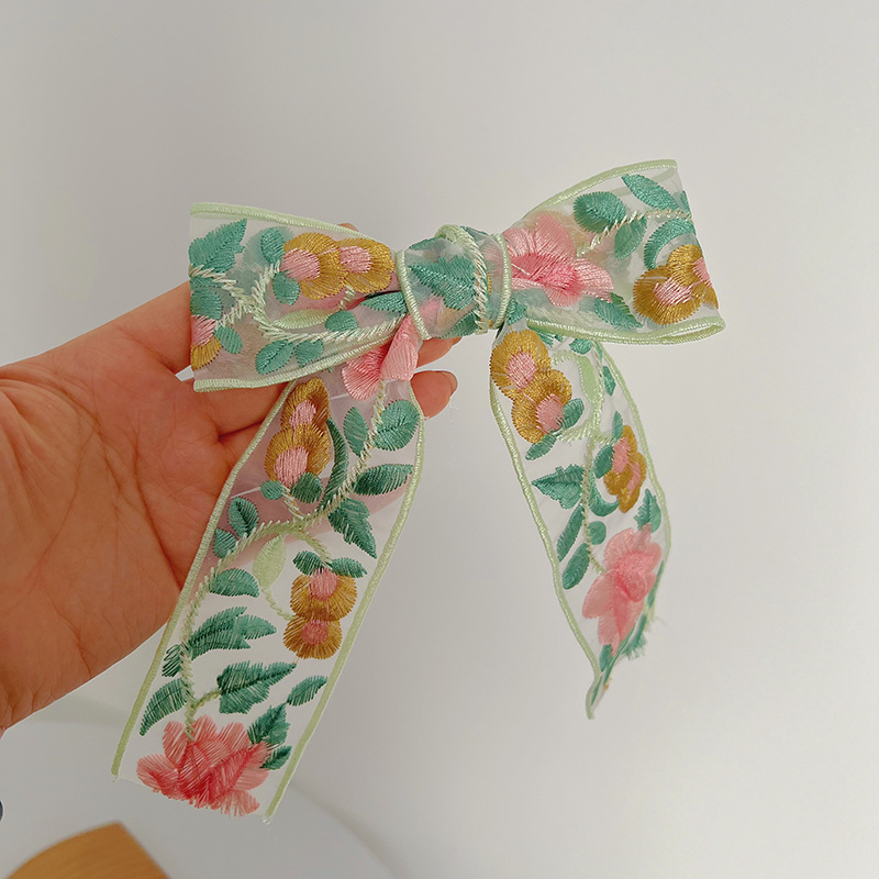 13:Greenish-pink embroidered bow hair clip