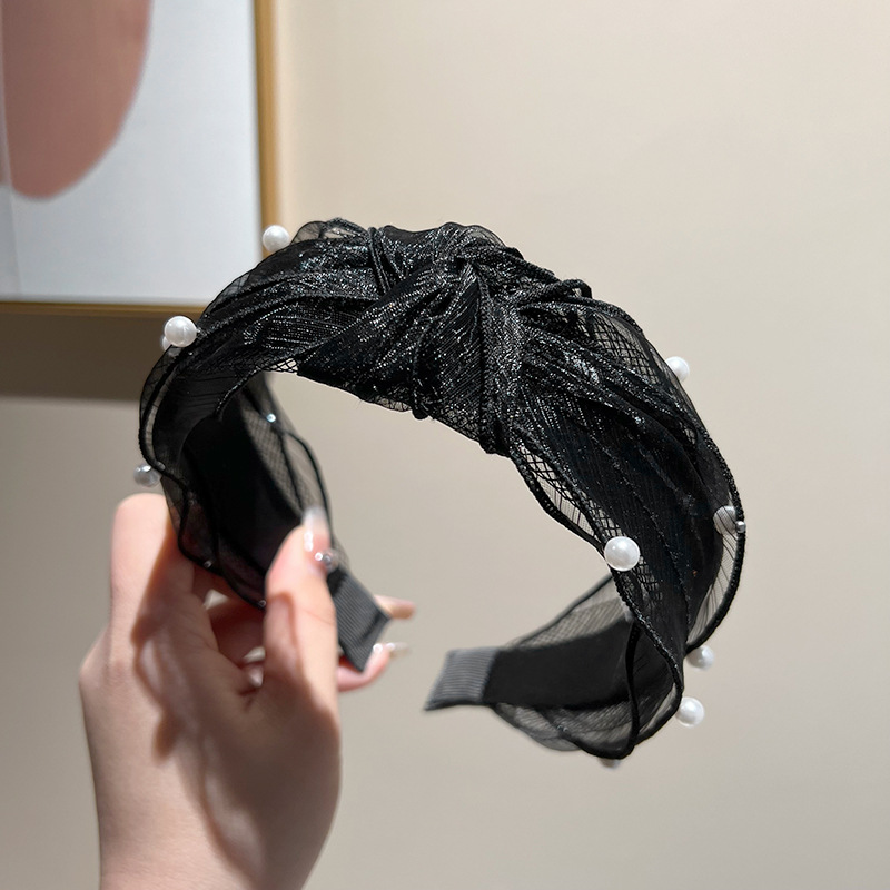 Black gauze pearl headband