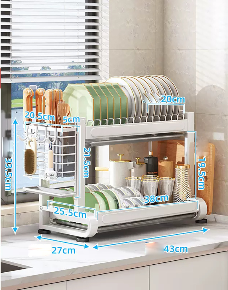 Matte white countertop dish rack 2 layers 43cm  chopsticks rack   cutting board rack  4 hooks