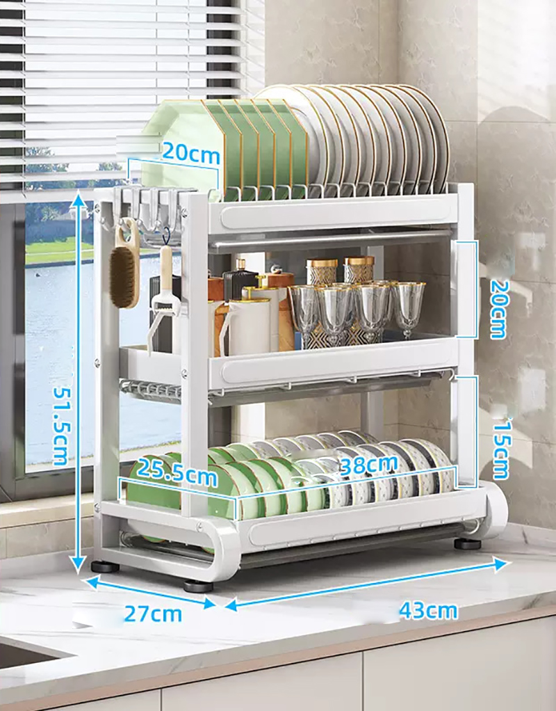 Matte white countertop dish rack 3 layers 43cm 4 hooks