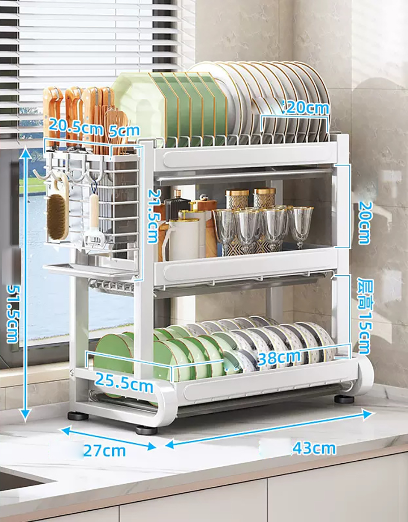 Matte white countertop dish rack 3 layers 43cm  Chopsticks rack  4 hooks