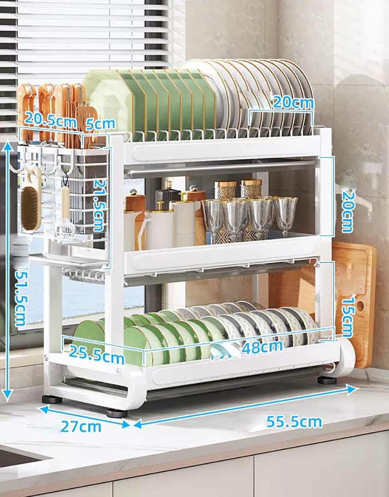 Matte white countertop dish rack 3 layers 55cm  chopsticks rack   cutting board rack  4 hooks