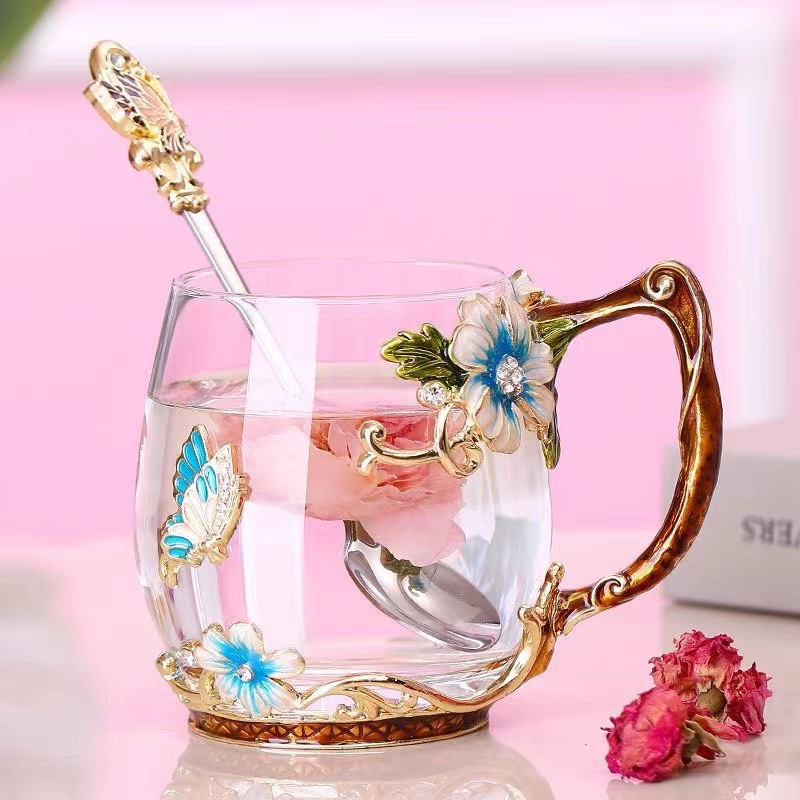 Butterfly chrysanthemum blue short single cup   spoon simple