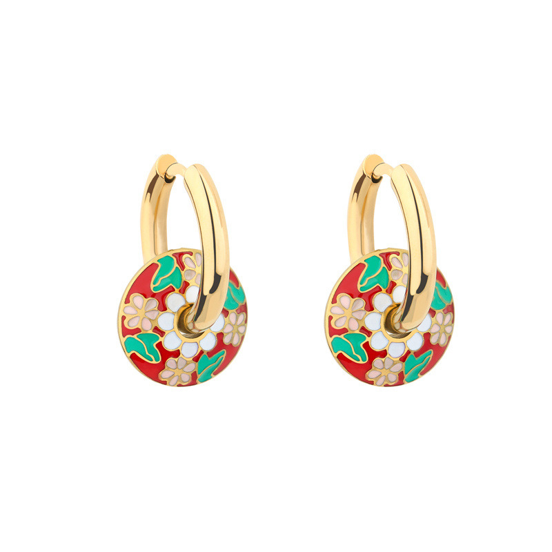 Earrings with pink flowers, green leaves and red b