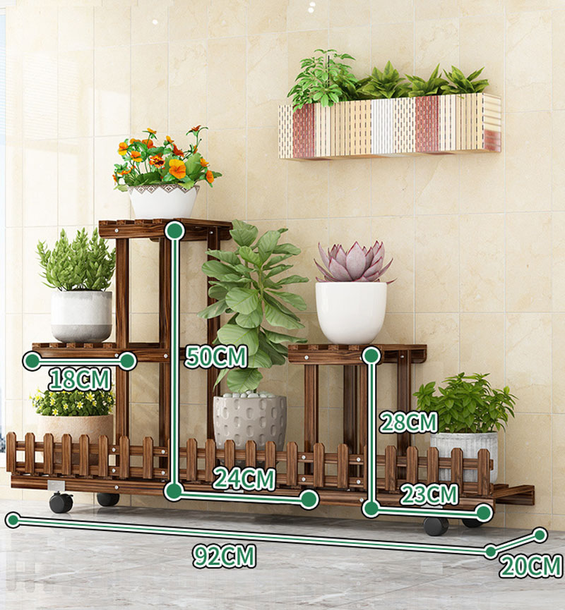 Plus long solid wood carbonized 6-tray flower stand with wheel 92 length