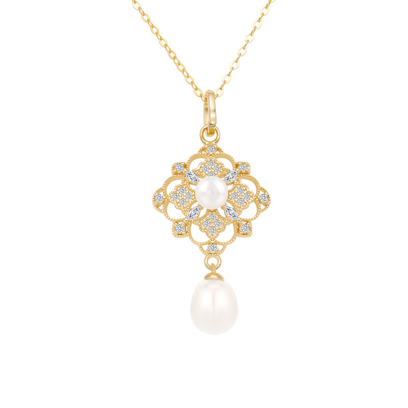 Pendant (including chain) - Yellow gold - Pearl -4