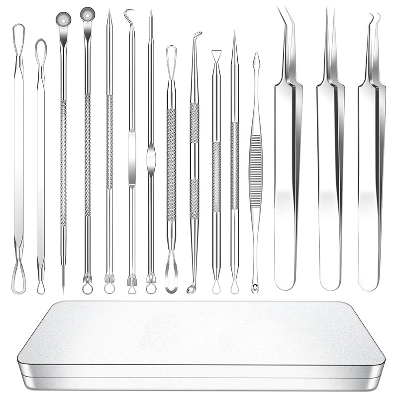 15 sets -11 acne needles - Scraper -3 acne clips - Flat iron box