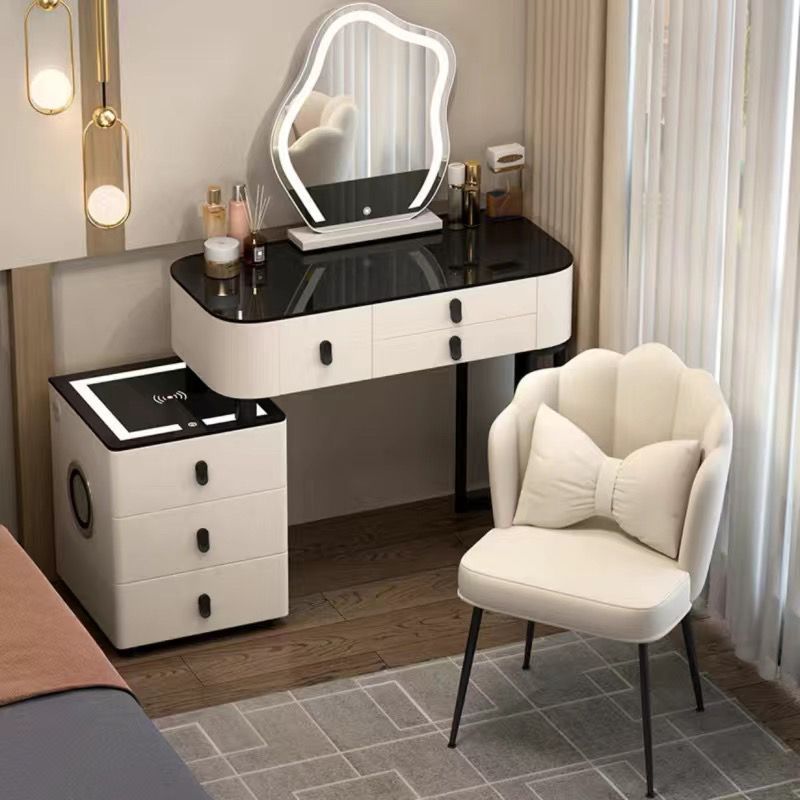 Black glass 80 table   black glass cabinet   cloud mirror   petal chair