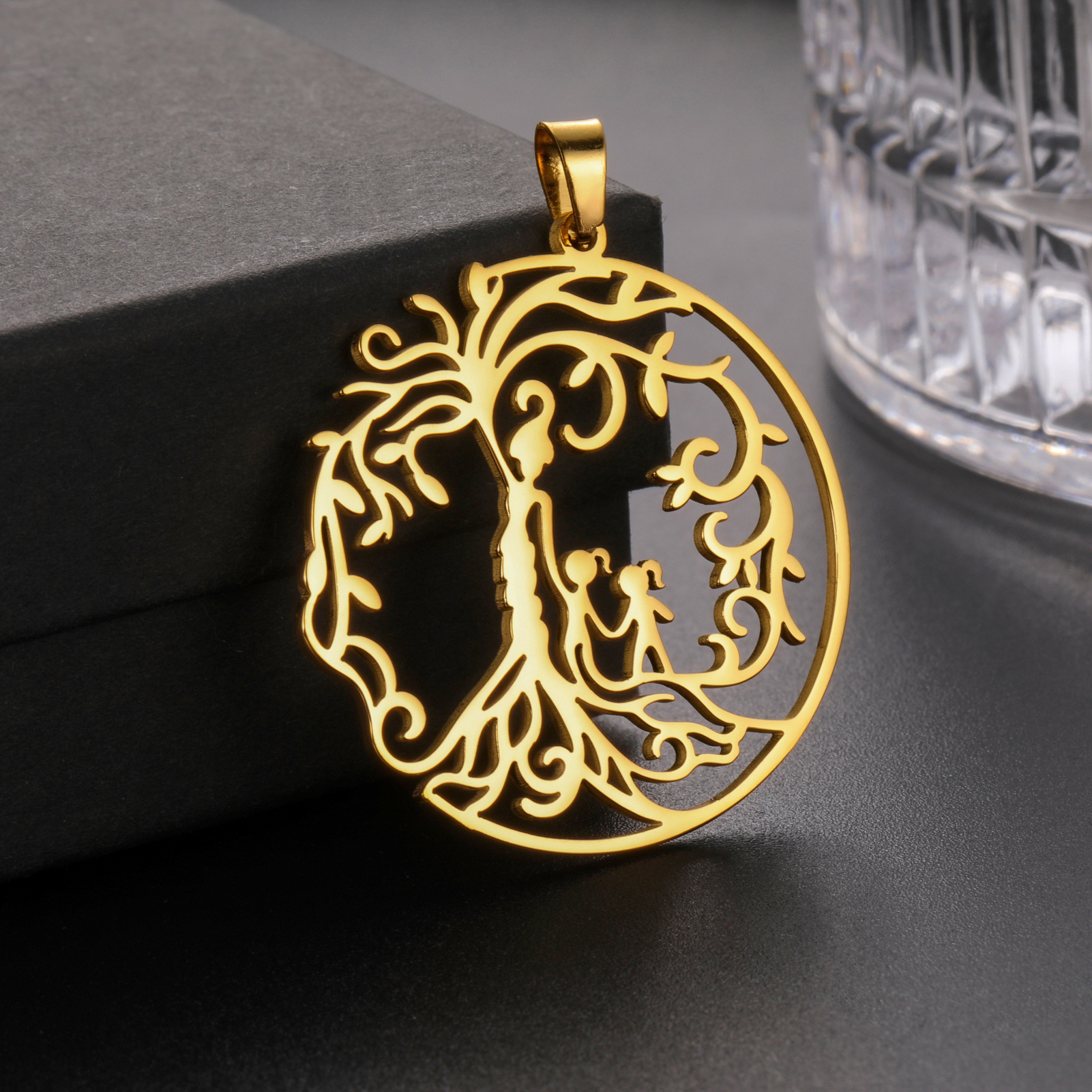 12:Golden - Mother Life Tree Two Girls Pendant