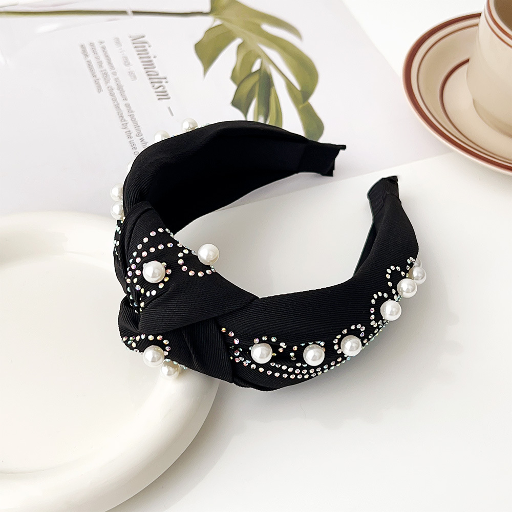 Pearl hot drill knotted headband - black