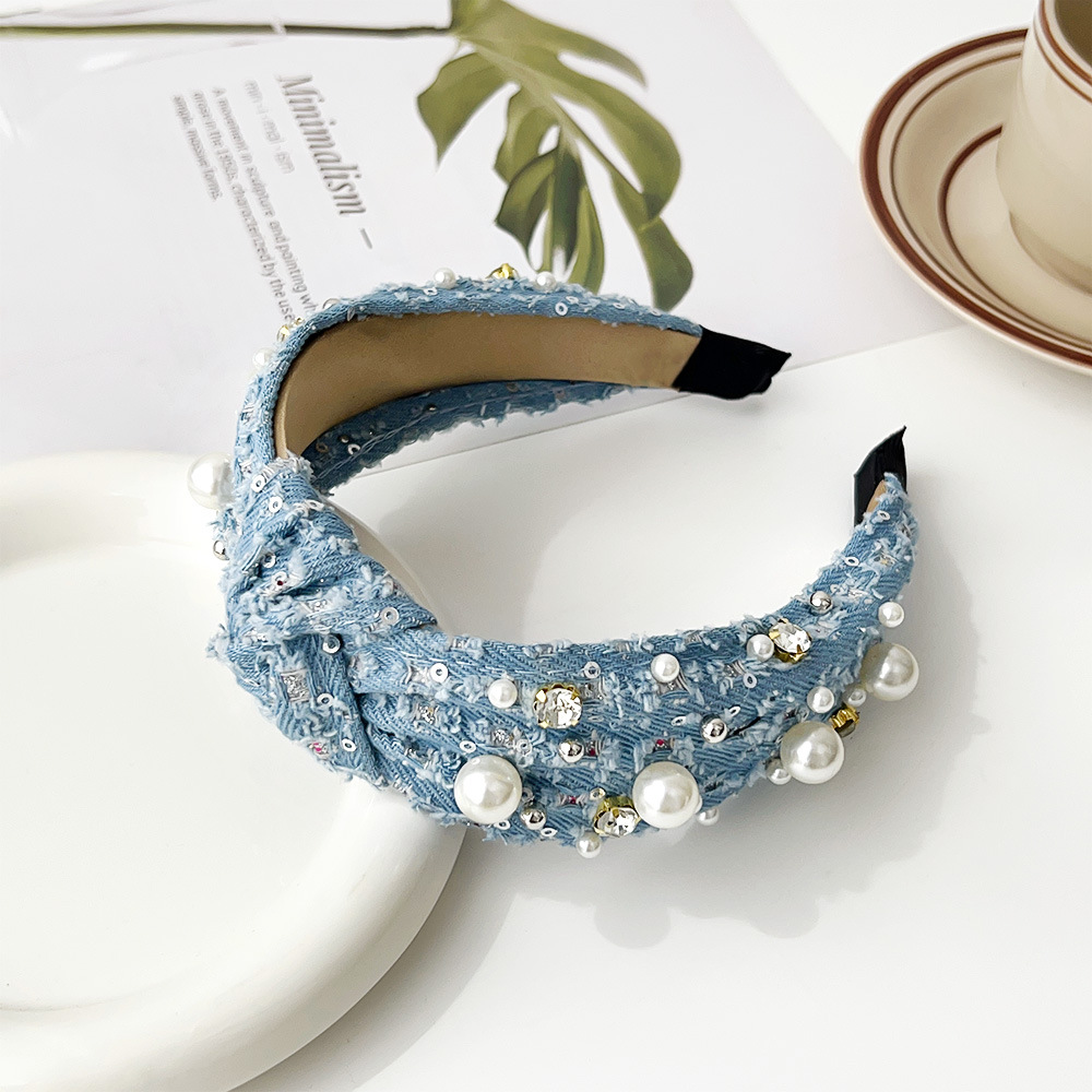 Sequin denim knot headband - light blue