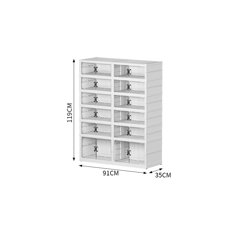 4 rows of white 1 tall 5 short (with wheels - 20 pairs of shoes  4 pairs of boots)