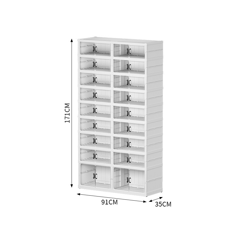 4 rows of white 1 tall 8 short (with wheels - 32 pairs of shoes  4 pairs of boots)