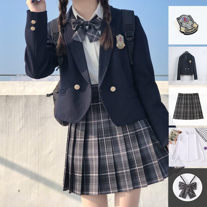 Smoke-ash check skirt   cyanotic one-button suit   shirt with collar   embroidered badge